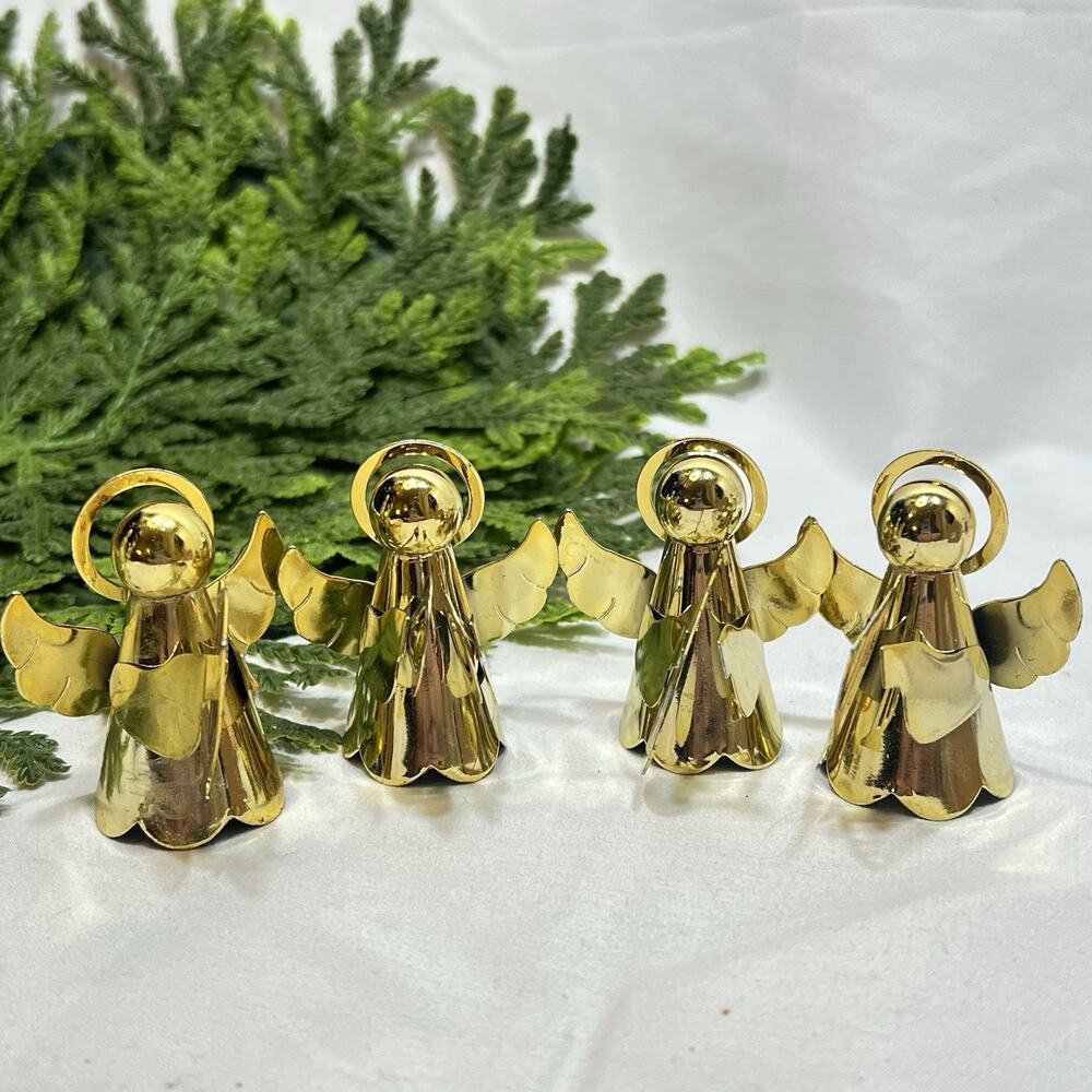 Vintage Set of 4 Gold Brass Tone Metal Angels Instruments Harp Cymbals Guitar